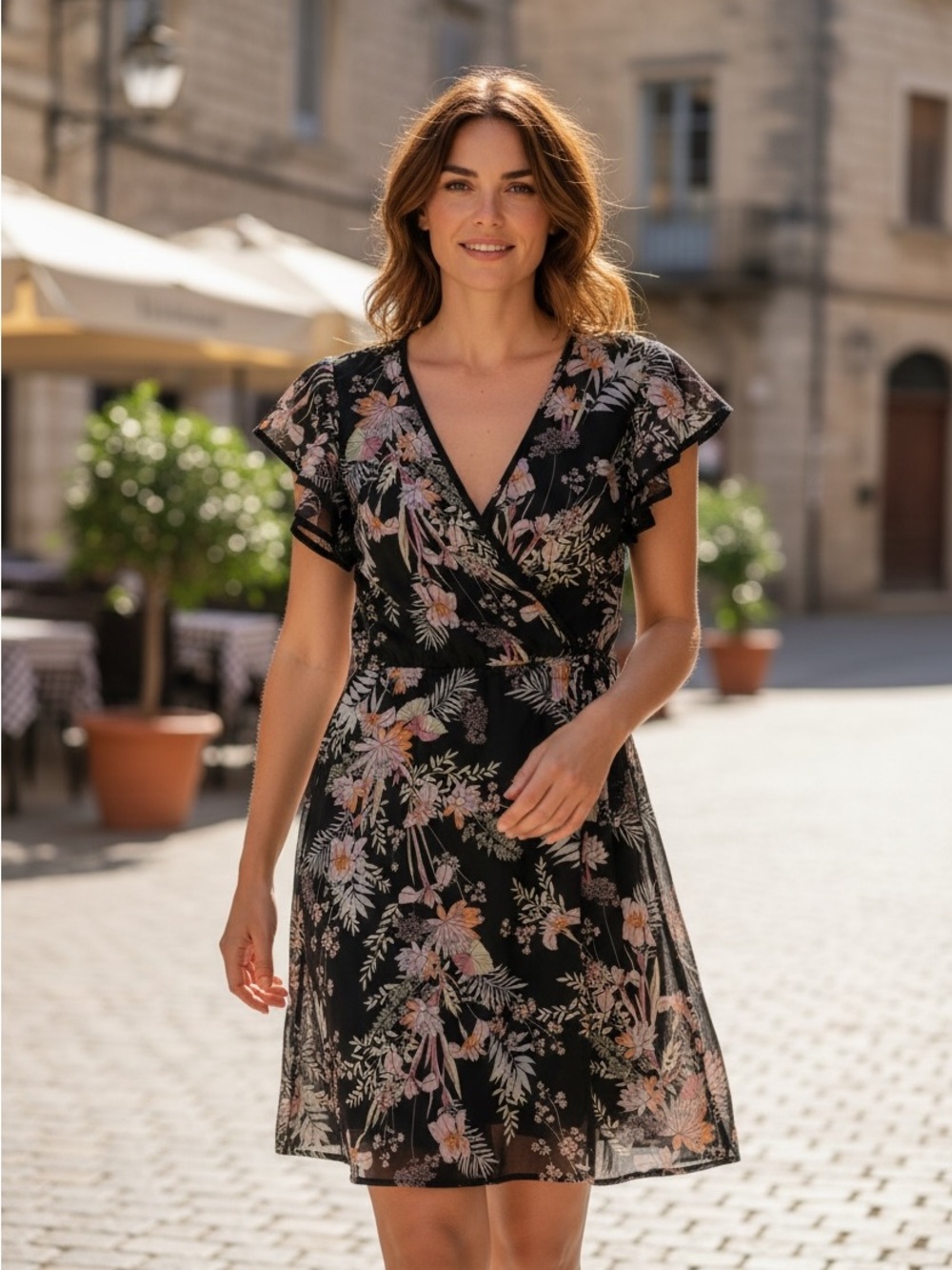 Superfoxx Black Floral Wrap Dress with Flutter Sleeves - Elegant Day-to-Night